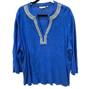 Chico's Size XXL / 4 Blue Embellished Beaded Linen Boho Tunic 3/4 Sleeve